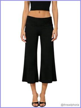 Women's Fold Over Flare Capri Yoga Pants Low Rise Wide Leg Cropped Lounge
